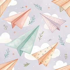 Whimsical watercolor seamless pattern of paper airplanes flying amongst clouds and twigs illustration