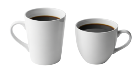 Two white coffee mugs with coffee transparent background cutout png