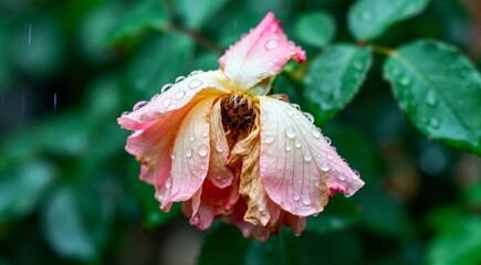 비에 젖은 분홍색 꽃봉우리