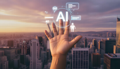 The Embrace of AI: A hand extends toward the city skyline, surrounded by digital interface elements of AI, symbolizing human interaction and technological advancement.