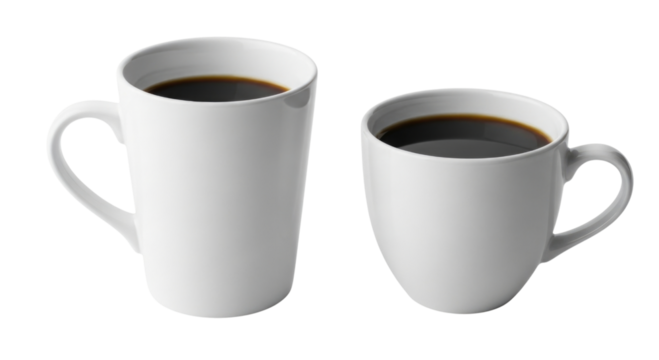 Two white coffee mugs with coffee transparent background cutout png