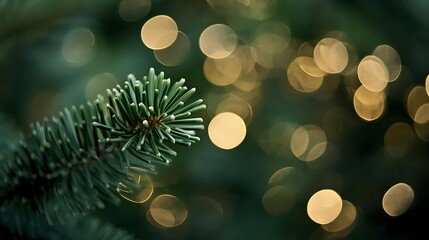 Festive Holiday Twinkling Lights on Evergreen Tree Branch with Soft Bokeh Background