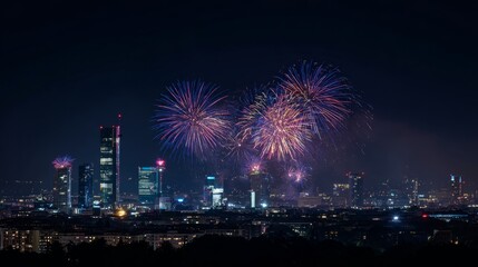Spectacular fireworks display above the vienna skyline at night, showcasing vibrant bursts of color illuminating historic architecture and city landmarks in a festive celebration atmosphere