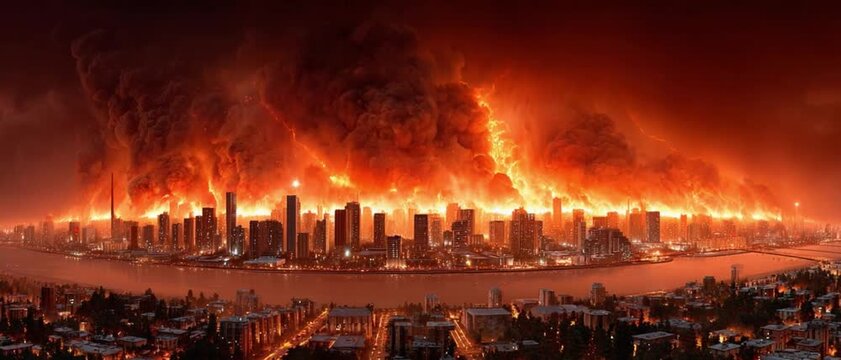 City Inferno: A breathtaking depiction of a cityscape consumed by fire, with towering flames and dense smoke dominating the skyline, representing destruction and the devastation of urban life. 