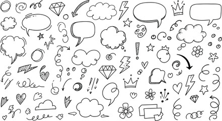 Fototapeta premium Handdrawn Doodles with Speech Bubbles, Arrows, Hearts and Swirls on White Background