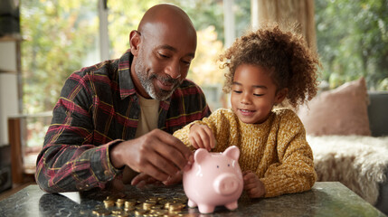 black father teaching his kid finance using piggy bank money saving concept