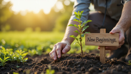 Person planting a tree labeled 'New Beginnings', metaphor for growth and nurturing relationships