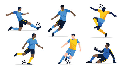 Dynamic soccer players showcasing athletic action and skillful moves on white background, perfect for sports promotions and designs