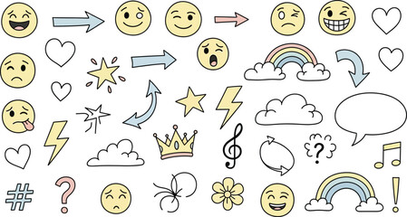 HandDrawn Style Emoji Doodle Icons With Arrows, Hearts, Rainbows and Crown on White