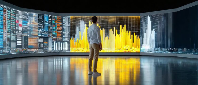 Tech Savvy: A person standing before a futuristic wall of interactive screens displaying complex data and information. the scene blends technology and human interaction.