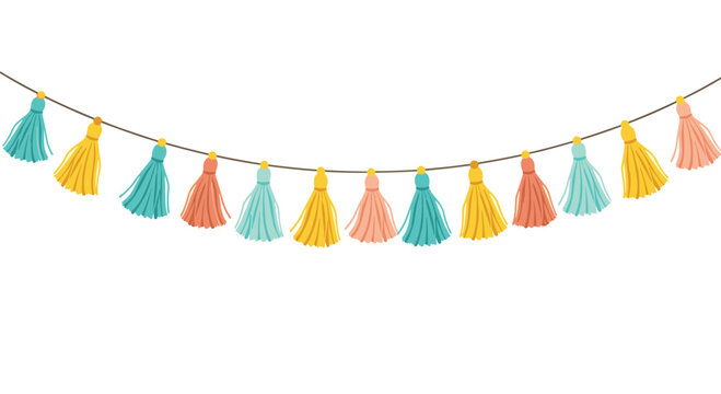 Colorful hand-drawn tassel garland featuring a playful mix of yellow, teal, and coral tassels hanging on a string, perfect for festive decorations.