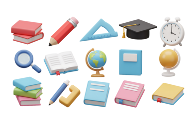 Collection of school supplies and educational items on a black background