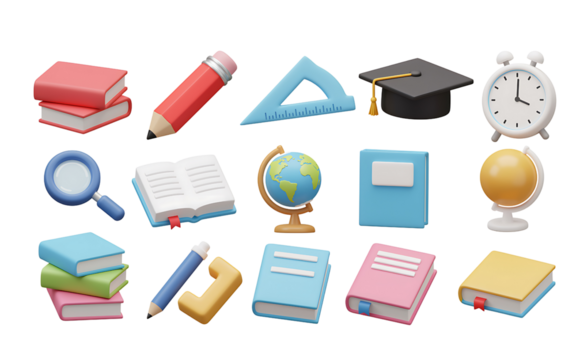 Collection of school supplies and educational items on a black background