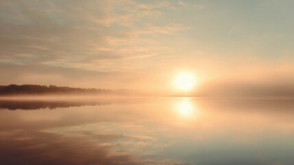 Fototapeta premium golden sunrise over calm lake, soft mist rising, pastel sky reflections, ultra minimalistic composition, tranquil and meditative atmosphere