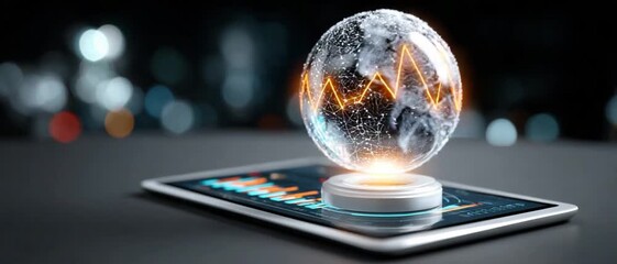 Digital World: A digital globe hovers above a tablet screen, symbolizing global interconnectedness, data analysis, and technological advancement in a sleek and modern depiction. - Powered by Adobe