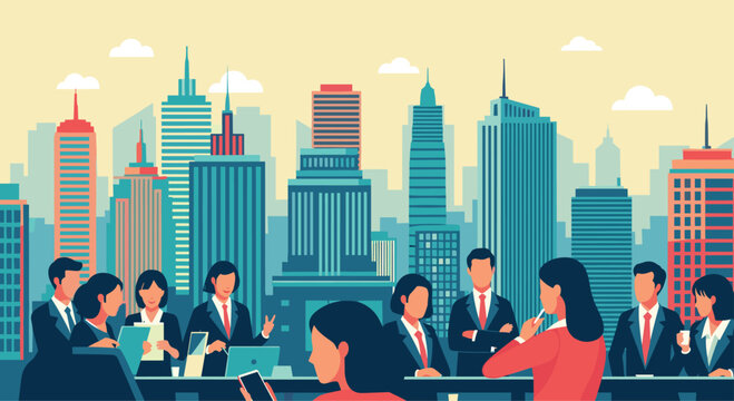 Diverse business professionals collaborating in modern city skyscrapers, fostering teamwork and innovation for global success