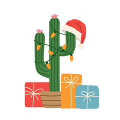 cactus as a christmas tree with light bulbs, Santa Claus hat and presents- vector illustration © chrupka
