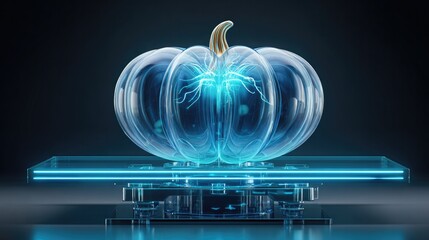 Digital Pumpkin Design: An ethereal pumpkin with intricate neon lines glows, set on a modern, futuristic platform. The image highlights a perfect blend of natural shapes and digital innovation.