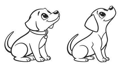 Fototapeta premium Two cartoon puppies sitting side by side looking up with curious expressions in a black and white outline created with generated ai