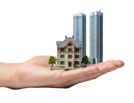 Hand holding miniature buildings transparent background cutout png