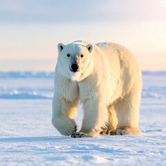 A majestic polar mammal strides purposefully across a frozen arctic landscape bathed in the soft glow of a setting sun
