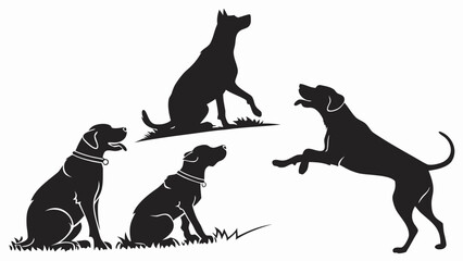 Naklejka premium Silhouette illustration of five dogs in various poses against a white background outdoors scene created with generated ai