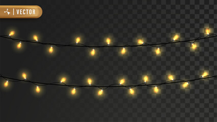 Warm yellow Christmas lights garland glowing on transparent background for decorative holiday border and New Year celebration design.