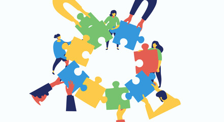 People collaborate to connect puzzle pieces in a circle, symbolizing teamwork and unity.