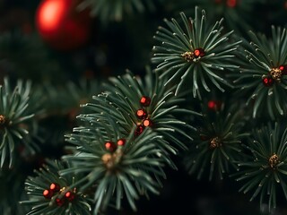 Close up of decorated pine tree branches with red ornaments perfect for winter holiday festive season