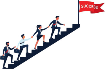 Fototapeta premium Business team of businesspeople climbing stairs together towards a red flag at the top, symbolising business success in a flat design vector illustration