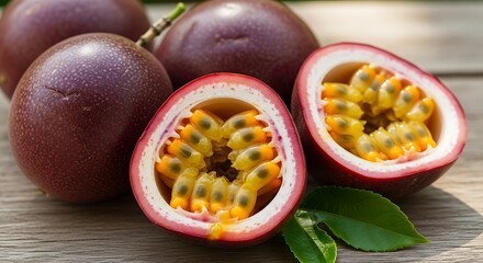 Close-up of ripe purple passion fruits, one cut in half revealing its juicy, seed-filled interior, resting on a wooden surface with green leaves.