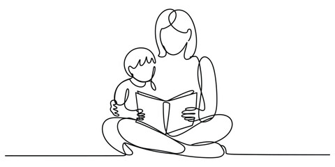 Continuous line drawing of a mother reading a book to her child on the floor vector