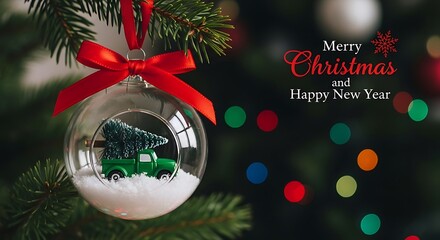 Christmas bauble with tiny tree and truck, merry christmas text
