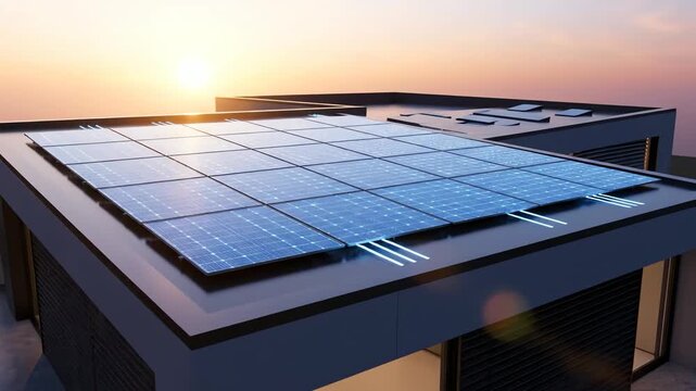Solar panels on modern building rooftop against sunset sky renewable energy concept