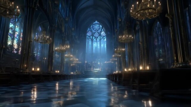 Elegant gothic interior with stained glass and chandelier lighting