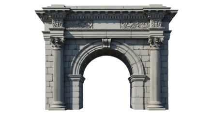 Ornate classical stone archway with intricate carvings and decorative columns isolated on transparent background