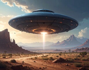 An unidentified flying object descends over an arid desert landscape, illuminated by bright light. Rugged terrain and distant mountains surround
