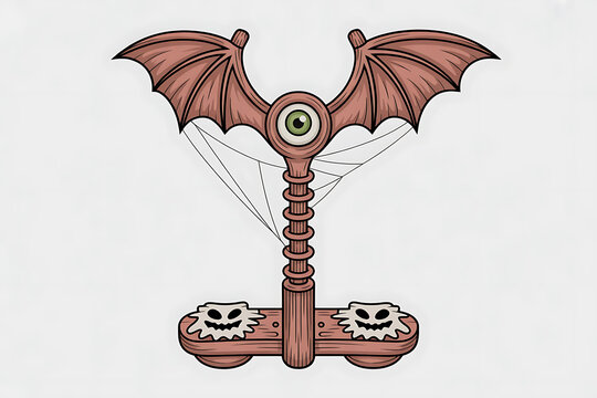 Strange, fantastical object with wings, eye, and skull details, evoking a mystical, otherworldly design.