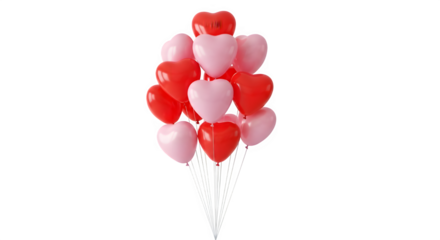 A large bouquet of red and pink heart shaped balloons tied together with ribbons against a black background