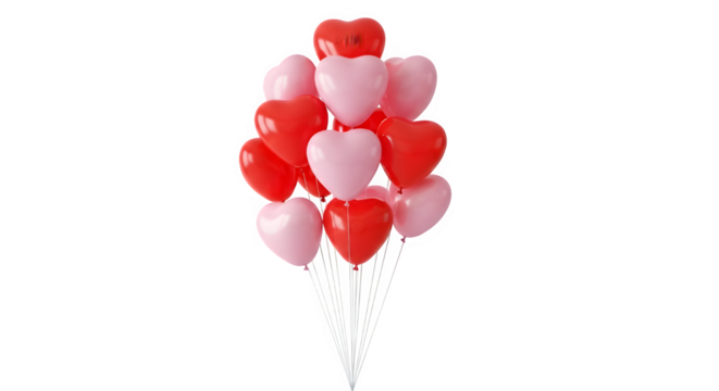 A large bouquet of red and pink heart shaped balloons tied together with ribbons against a black background