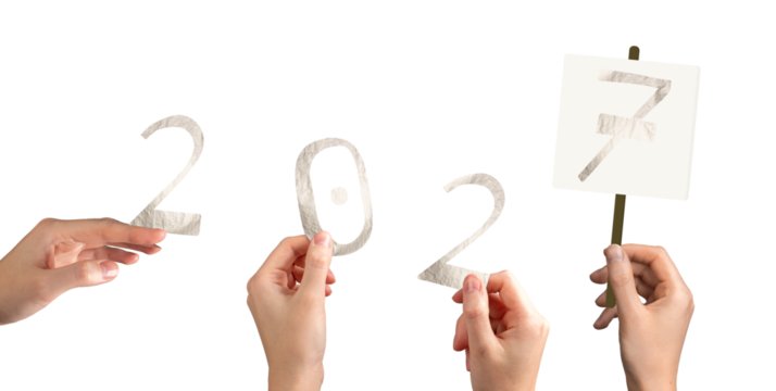 Hand holding metallic 2027 number in festive celebration. Shiny foil typography design symbolizing