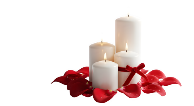 Three lit white pillar candles tied with a red ribbon and surrounded by red petals on a black background