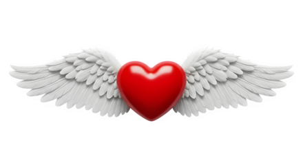 A vibrant red heart with white feathered wings spread wide against a stark black background symbolizing love and freedom