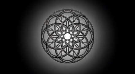 A 3D illustration shows an ornate, circular geometric design floating against a dark, radiant background with a central light source