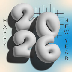 3D Happy New Year 2026 banner with gradient background and grain texture.