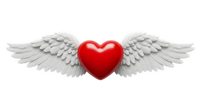 A vibrant red heart with white feathered wings spread wide against a stark black background symbolizing love and freedom