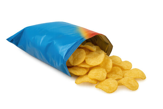 Potato chips spilling from open blue snack bag, crunchy crisp junk food, party refreshment with transparent background