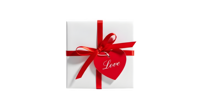 A beautifully wrapped white gift box with a vibrant red ribbon and a heart shaped tag with the word love - Powered by Adobe