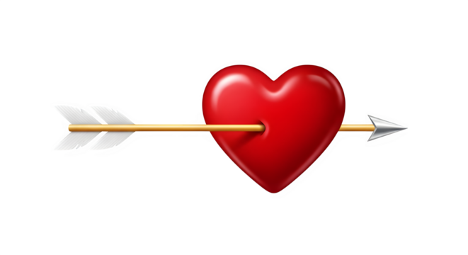 Glossy red heart pierced by a cupid s arrow on a stark black background symbolizing love and romance