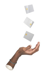 Hand with floating credit card. Dark-skinned male showing gold plastic card in air symbolizing